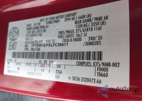 2020 Ford F-150 Xlt из США, поврежденный, VIN 1FTEW1EPXLFC36611